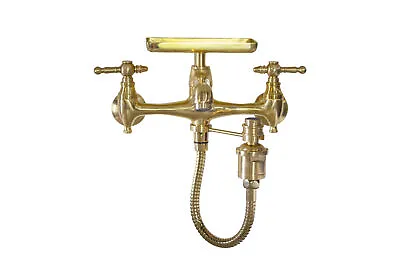 Unlacquered Brass 8  Wall Mount Kitchen Sink Faucet With Sprayer & Soap Dish • $400.80
