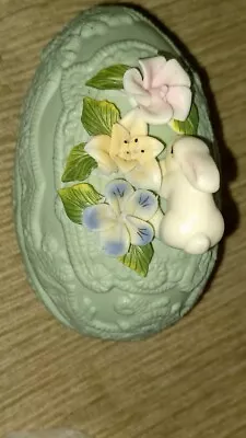 Egg Shape Trinket Box In Green Porcelain White Easter Bunny Rabbit & Flowers • $11.95