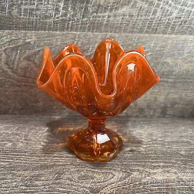 Viking Style Art Glass Orange 6 Finger Handkerchief Vase Bowl Dish Unknown Artis • $19.99