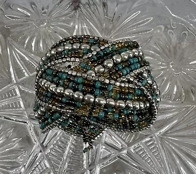 Vintage Seed Bead Silver Aqua Glass Cuff  Cross Over  Wire Bracelet • $8.99