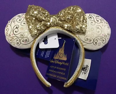 Disney World 50th Anniversary Light Up White Gold Sequin Minnie Mouse Ears NWT • $65.71