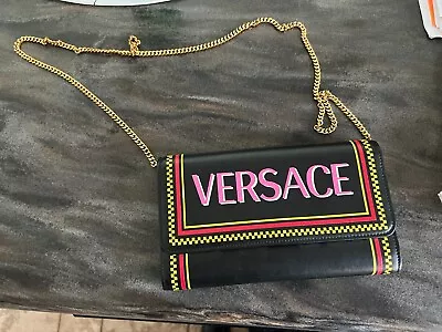 Rare VERSACE 90s Pink Logo Black Leather Flap Clutch/crossbody - Bag/purse • $500