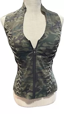 Green Camo Lace Up Vest With Criss Cross Open Back Women’s Medium Biker Top Army • $24.99