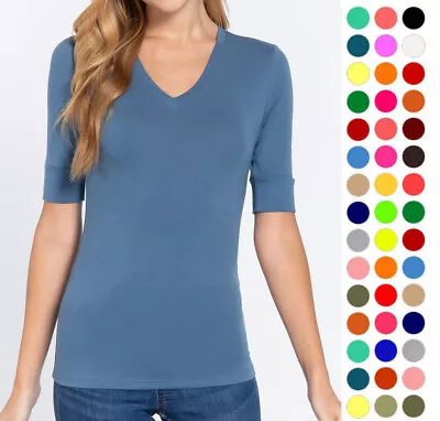 Women Basic Solid Stretch Elbow Sleeve Cotton V Neck Top Shirt T9671 • $10.99