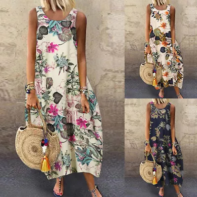 Summer Women Linen Cotton Floral Printed Tank Dress Full Length Midi Sundress • $13.65