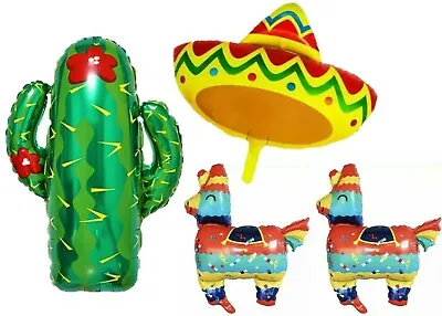 4pcs Mexican Fiesta Mix Sombrero Cactus Pinata Air Foil Balloon Party Decoration • £4.99