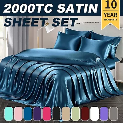 1800TC Silk Satin Pillowcase Flat Fitted Sheet Set Single/Double/Queen/King NEW • $28.49