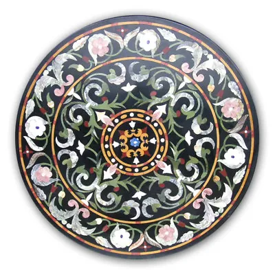 36  Black Round Marble Table Pietra Dura​ Inlay Art Handicraft Work • $1490.57