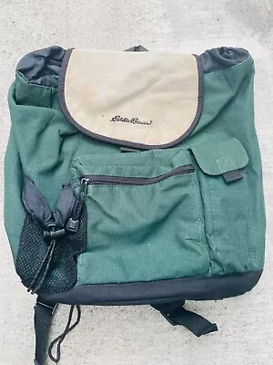 Vintage Eddie Bauer BackPack Pig Skin Leather Nylon Green Ramie Elastic Strap • $21.99