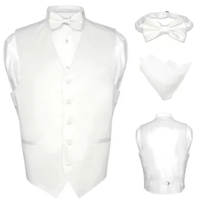 Men's Dress Vest BOWTie Hanky Solid WHITE Color Bow Tie Set For Suit Tuxedo 4XL • $24.95