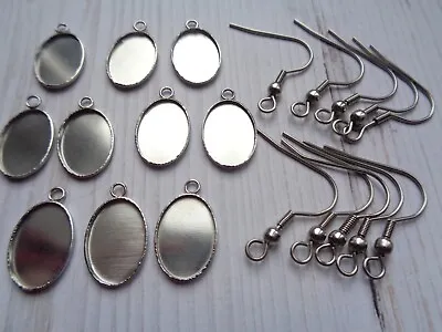 10 Pairs Stainless Steel Earring Blank Set - Fish Hook & 10x14mm Cabochon Tray • £6.95