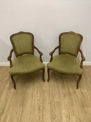 Pair Of French Style Armchairs In Green Chenille Style Material By Stuart Jones • £195