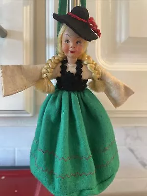 Vintage Cloth Felt German Doll Ornament Purse 6.5” Hand Painted Face -Rare (L) • $14