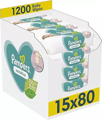 Pampers Sensitive Baby Wipes 15 Packs Of 80 = 1200 Baby Wet Wipes Unscented Fo • £16.69