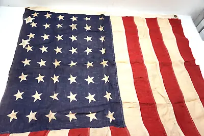 VINTAGE AMERICAN FLAG 48 STARS 2 EMBROIDERED STARS FOLK ART 33 X 57 MAKE-DO • $49.99