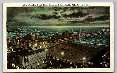 Postcard New Jersey NJ Steel Pier Ocean & Boardwalk At Night Atlantic City AC4 • $5.92