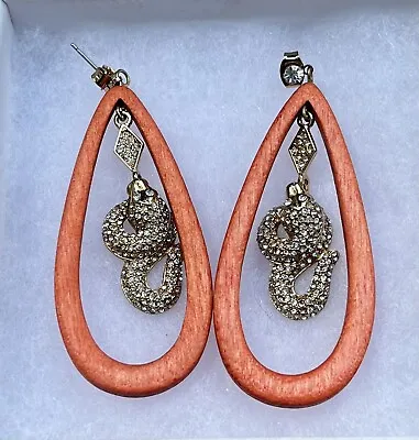 $26 • Buy Orange Wooden Earrings With Rhinestone Snake By Eva  Jeanbart Lorenzotti V