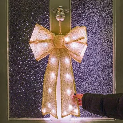 Xmas Christmas 50cm Gold Bow 25 LEDs Light Up Hanging Outdoor Door Decoration • £2.99