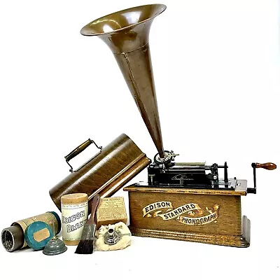 PRISTINE 1902 Edison Standard Cylinder Phonograph Brown Wax Recording Outfit • $2750