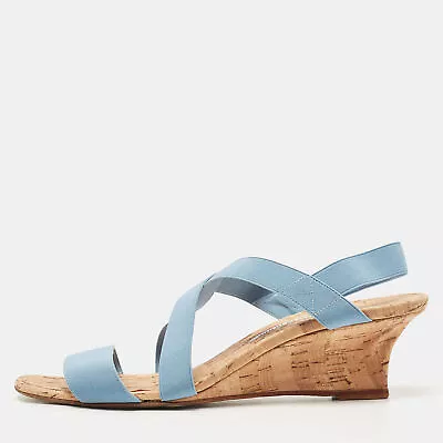 Manolo Blahnik Blue Stretch Fabric Terwe Cork Wedge Ankle Strap Sandals Size 40 • $141.75