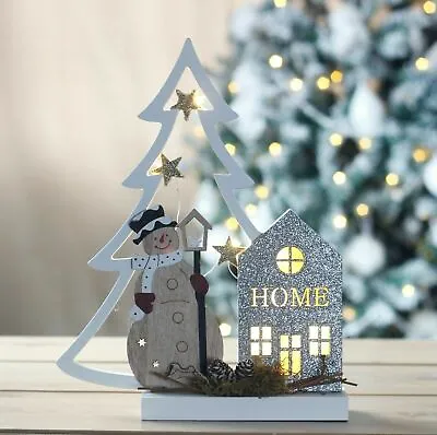 Christmas Snowman LED Decoration Wooden Light Up Ornament Frosty Xmas Decor • £10.99