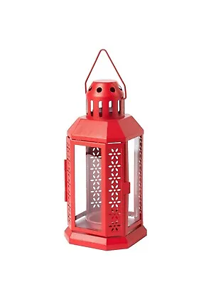 Ikea Red Enrum Lantern Tealight Candle Holder Hanging Glass Metal Home 22cm UK • £9.67