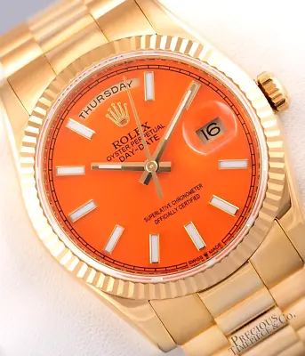 Rolex Day-Date 118238 Presidential 18k Gold Fluted Bezel 36mm-Custom Orange Dial • $27000