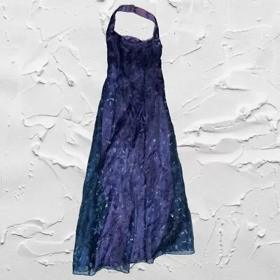 Vintage 90s Purple Sparkly Halter Neck Prom Dress Floor Length Floral Fairy 6 • $89
