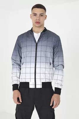 Bomber Jacket Blue Ombre Check Lightweight Festival Coat Zip Brave Soul • £20