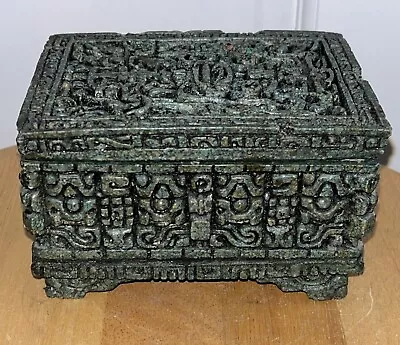 VTG Original Zarebski Trinket Box Lid Carved Mayan Malachite Green 5  X 4  X 3  • $30
