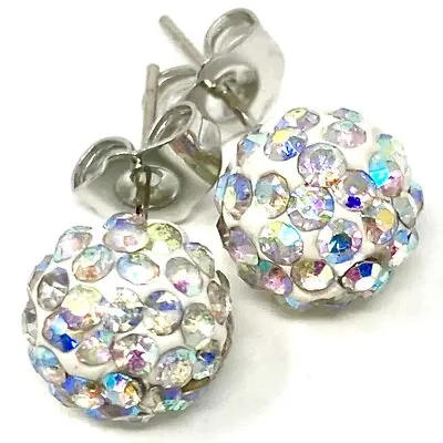 £6 • Buy White Shamballa Crystal Ball Stud Earrings In Silver Plated Finish