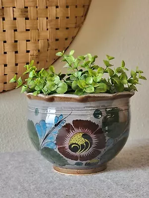 Vintage TONALA Mexican Stoneware Pottery PLANTER Gray Agave/Floral Hand Painted • $29.99