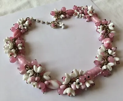 Vintage Miriam Haskell Signed Dangling Pink And White Flower Bead Necklace • $499