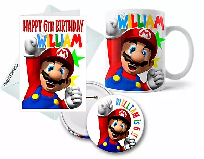 CUSTOM SUPER MARIO BIRTHDAY CARD And/or BADGE And/or MUG And/or CAKE TOPPER! • £6.50