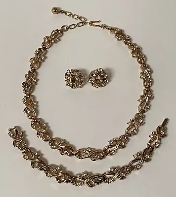 Vintage Signed Crown Trifari Rhinestone Gold Tone Necklace Bracelet Earrings Set • $64.99