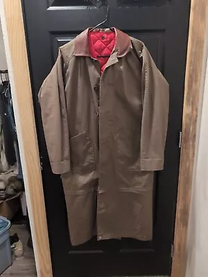 Vtg Marlboro Mens Small Duster Coat Removable Liner And Hem Khaki Canvas Leather • $39.95