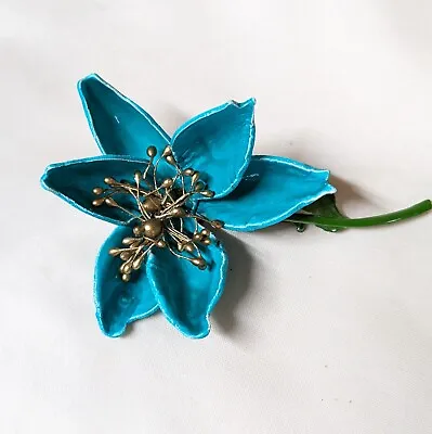 Large Vintage Turquoise Enamel Flower Pin Brooch • $14.99