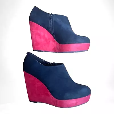 New Look Shoes Wedge Heel Platform Black & Red Suede Women's UK Size 6 • £11.95