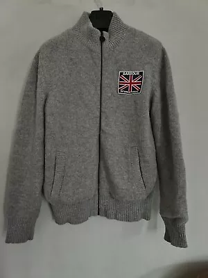 Barbour International Cardi Jacket Pure Wool Bomber Union Jack Grey Full Zip M/S • £86