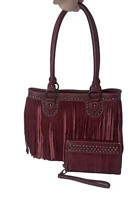 Trinity Ranch By Montana West Leather Burgundy Fringe Handbag And Wallet Set • $17