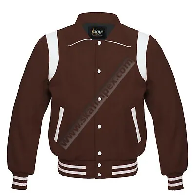 Varsity Letterman Baseball Bomber Collared Jacket Wool Leather Unisex Dark Brown • $139.99