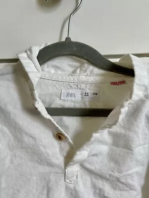 Zara Boy 3-4 White Cotton Linen Roll Tab Hooded Henley Button Shirt EUC • $0.99