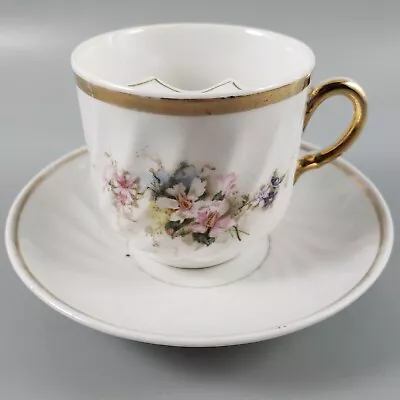 Antique Mustache Cup & Saucer Floral White Porcelain • $18