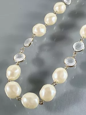 GIVENCHY Gold Tone Vintage 12.3mm Faux Baroque Pearls Bezel Crystal Necklace 24” • $29.99