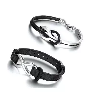 2PCS Men Women Stainless Steel Love Infinity Buckle Leather Bracelet Cuff Bangle • $14.99