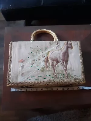 VINTAGE WICKER WOVEN Tapestry Horse Front Basket Purse/Handbag • $25