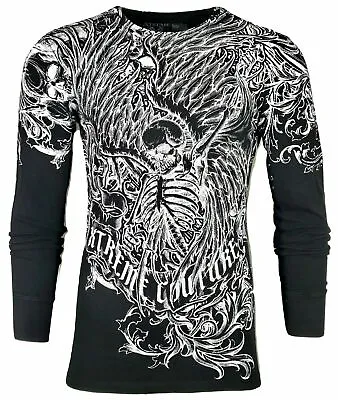 Xtreme Couture By Affliction Men's Thermal Shirt ACCUSER Skull Biker MMA Black • $27.95
