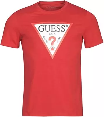 GUESS Men's T Shirt M1RI71 I3Z11  Front Large Logo Triangle Slim Fit Red White • £32.99