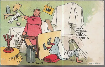 LOVELY RARE OLD COMIC POSTCARD - WHEN MOTHER DOES SPRING CLEANING By TOM B. 1904 • £2.49