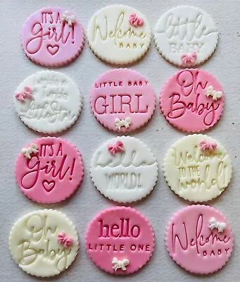 12 Pink White & Cream Baby Plaques Edible Fondant Cupcake Toppers Baby Shower • £10.95